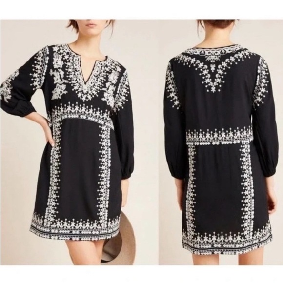 Maeve Anthropologie Black and White Resort V-Neck Dress with Bishop Sleeves
